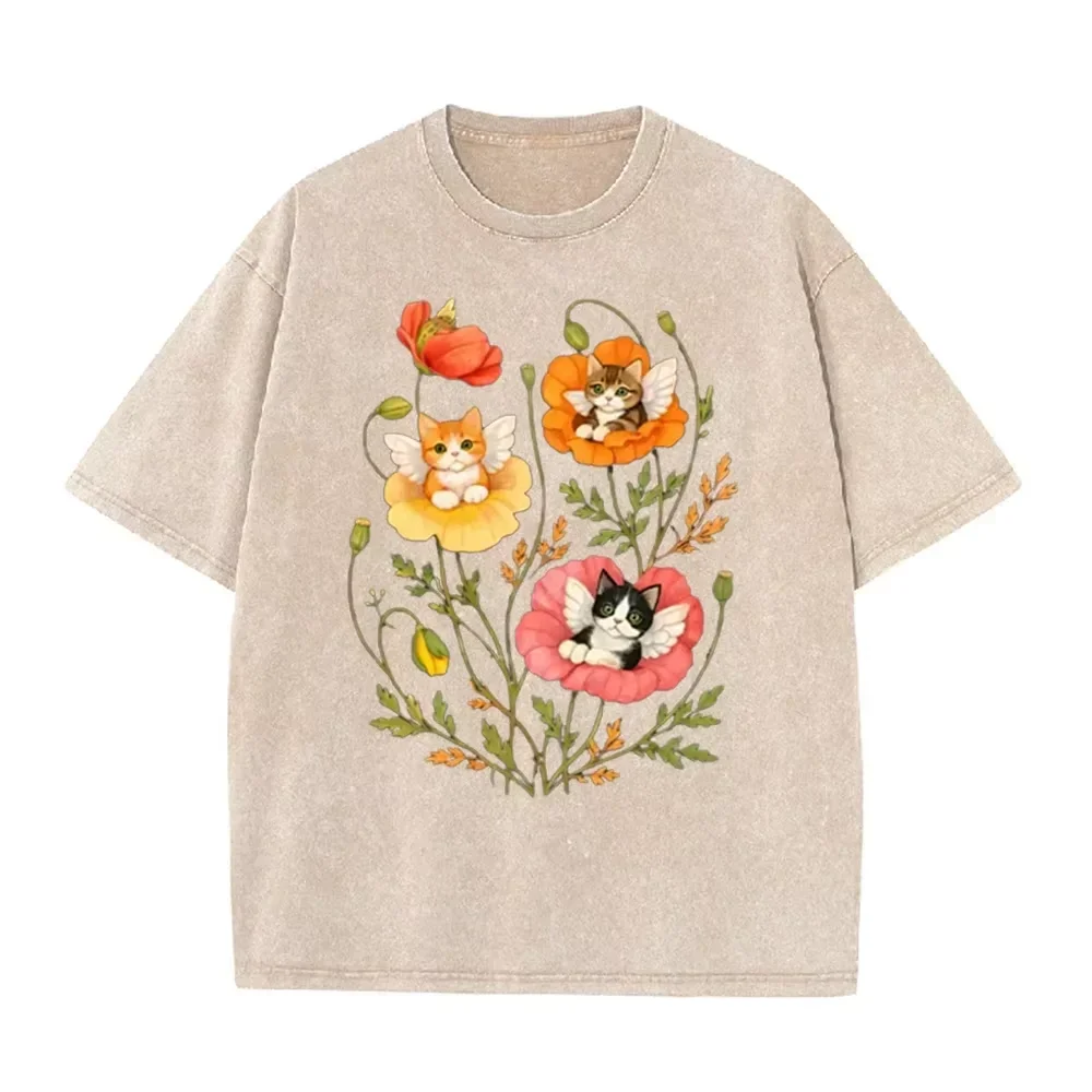 Vintage Washed Pink Angel Kittens In Poppy Flower Print Cute Cat Lover Casual T Shirt