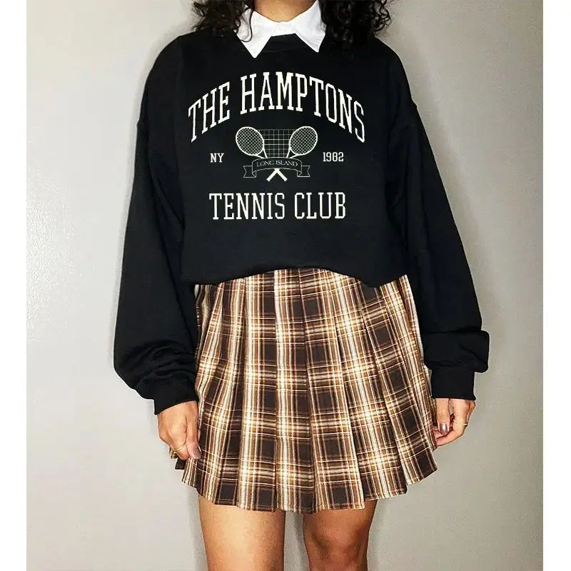 Hampton Tennis Club 1982 Vintage Printed American Fashion Women\'s Crew Neck Loose Cotton Fleece Pullover Sweatshirt