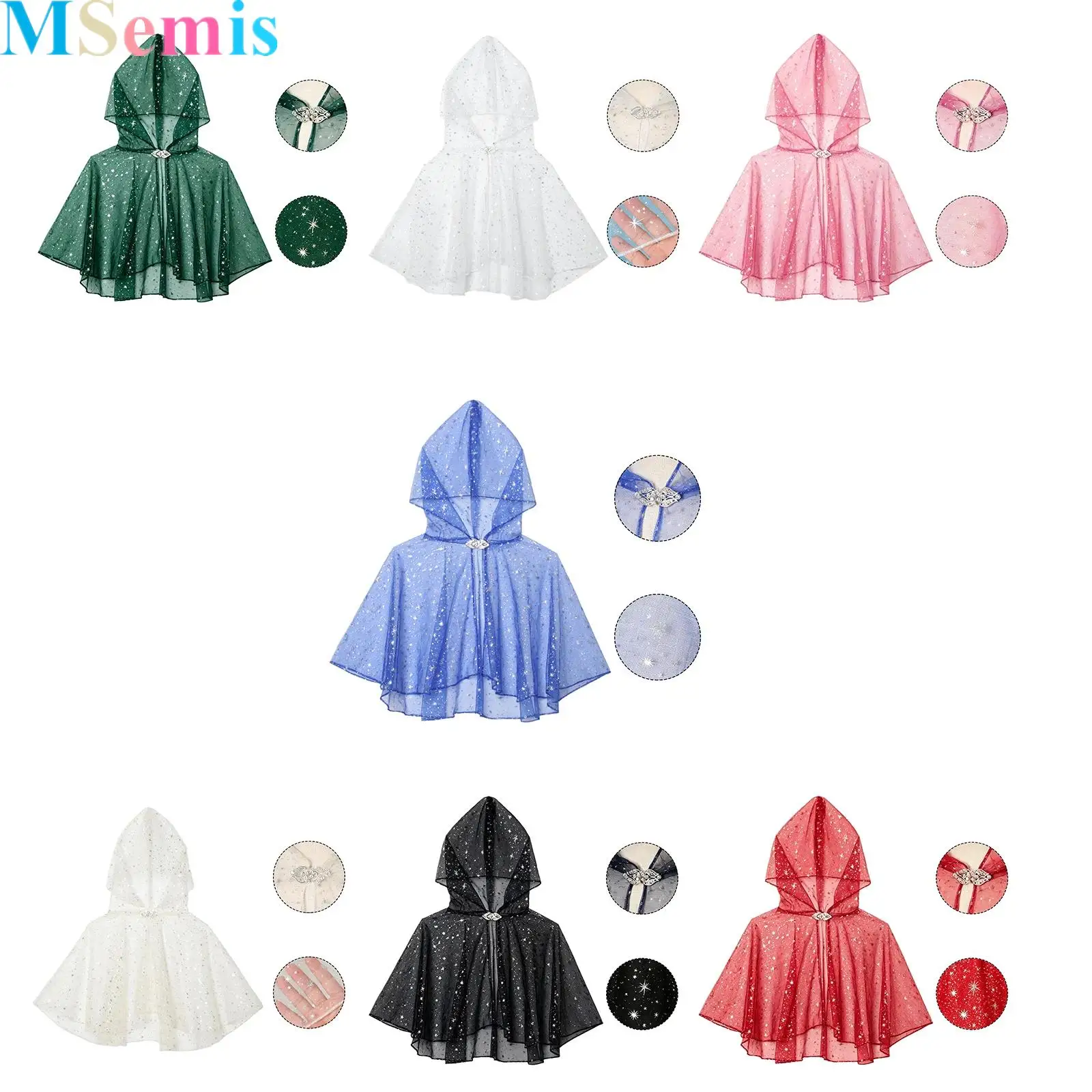 Women Short-style Cape Hooded Star Mesh Tulle Cape Cloak with Rhinestone Clasp for Cosplay Stage Performance Halloween Party