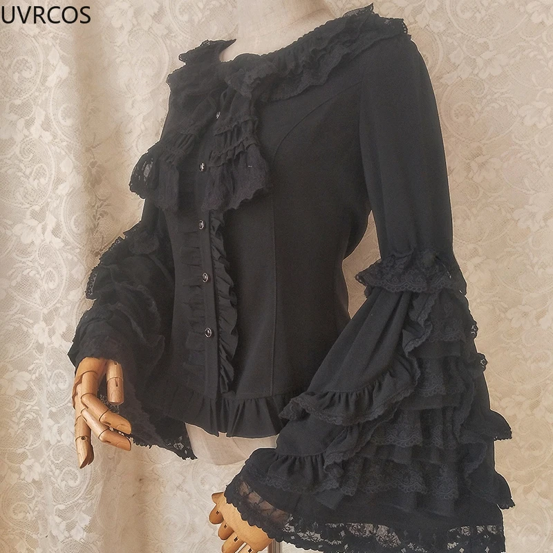 Japanese Victorian Vintage Lolita Shirts Women Vintage Sweet Flare Long Sleeves Slim Tops Female Gothic Y2k Black White Blouses