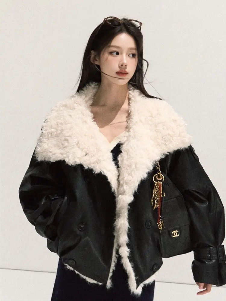 Women's Korean Sweet Cool Faux Shearling Biker Jacket Lapel Faux Lamb Fur PU Leather Short Winter Parka 2026 New