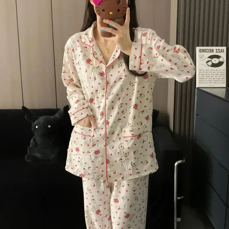 

Sanrio Hello Kitty женские тонкие стильные пижамы Kawaii мультфильм студенческие осенние длинные рукава длинные брюки облако хлопок комплект домашней одежды