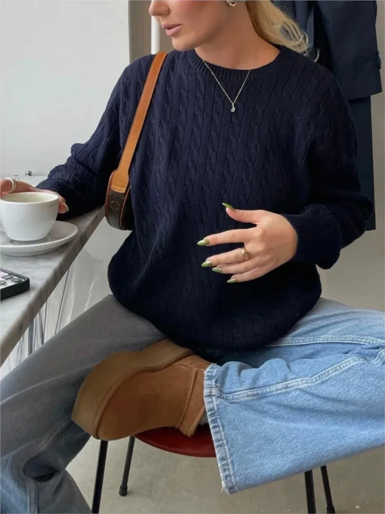 

Twisit O-neck Knitted Sweater Women Autumn New Casual Loose Long Sleeve Pullover Tops Vintage Simple Chic Jumper Sweaters