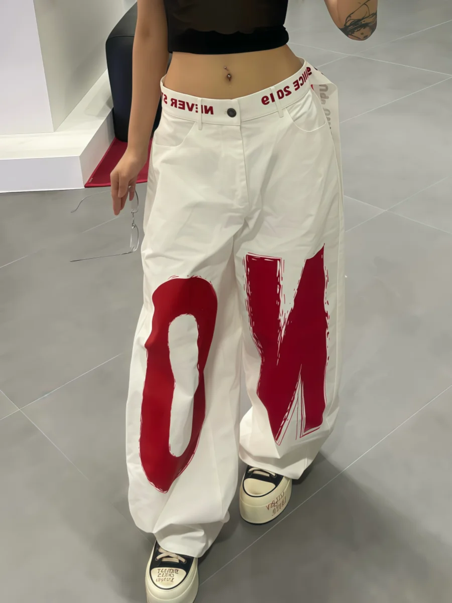 American Street Cleanfit Retro Big Letter Print Work Pants Loose Wide Leg Jeans for Men And Women Casual Wear Resistant Fading