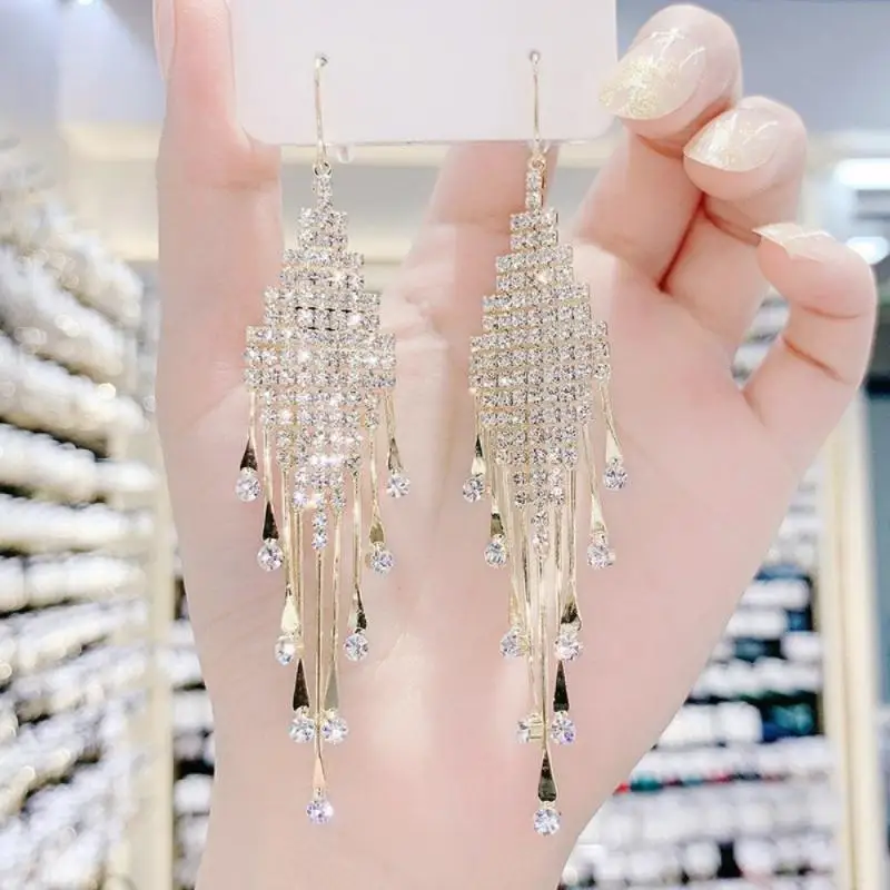 Exquisite Long Tassel Drop Earring Clear Rhinestone Crystal Boho Tassel Long Sparkle Dangle Earrings Wedding Bridesmaid Jewelry