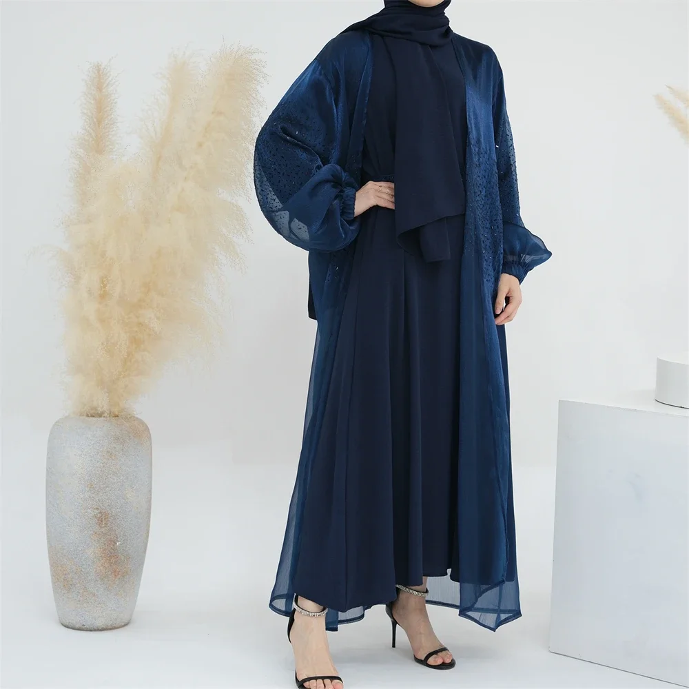 Kimono Abaya Dubai Luxury Diamonds Shiny Puff Sleeves Saudi Women Open Abayas for Daily Muslim Wear Hijab Dress Islamic Clothing