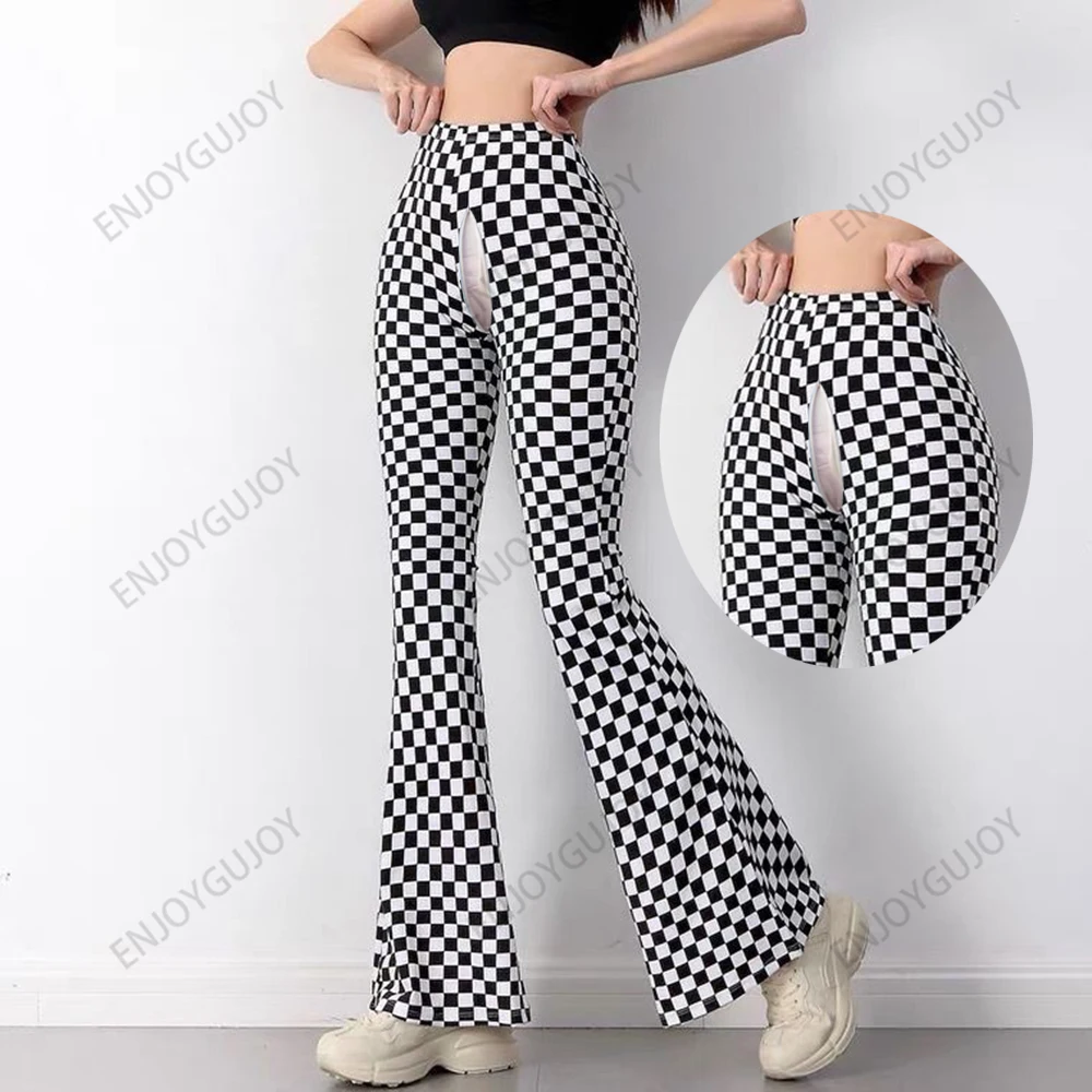 

Checkered Leggings Invisible Open Crotch Outdoor Sex Ms Casual Sports Running Fitness Pants Lifting Buttocks Tightening Waist