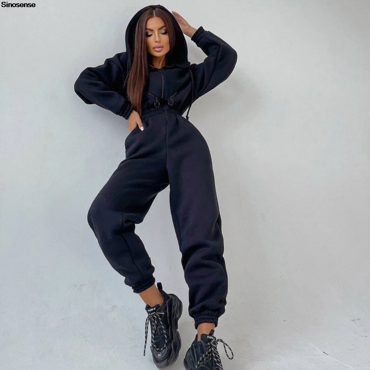 Women Autumn Winter Fleece Elastic Waist Jumpsuits Rompers Hooded Tracksuit One Piece Outfits Long Sleeve Zipper Front Sweatsuit