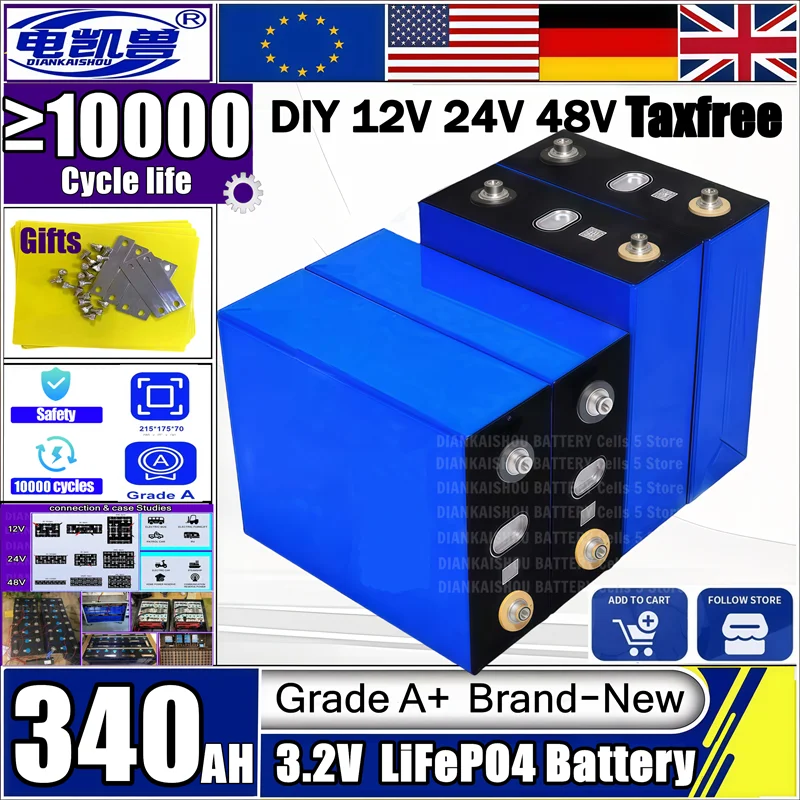 

10000 Cycles 3.2V 320Ah 340AH Lifepo4 Rechargeable Battery Grade A DIY12V 24V 48V RV EV Boat Golf solar energy camping duty-free