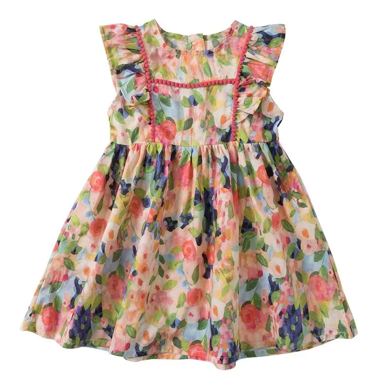 Bear Leader Girls' Dress 2023 Summer Girls' Sleeveless Ruffled Flower Print Dress Fashion Children's Dress Beach Holiday Dress