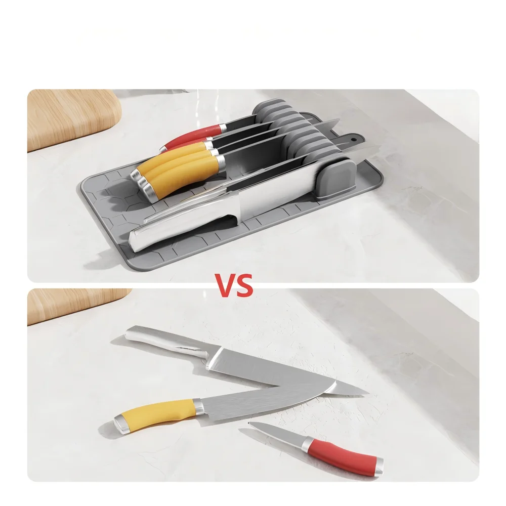 2 in 1 Detachable Silicone Knife Storage Mat Anti-slip Drainable Knife Holder Hanging Design  Kitchen Counter Protector Pad