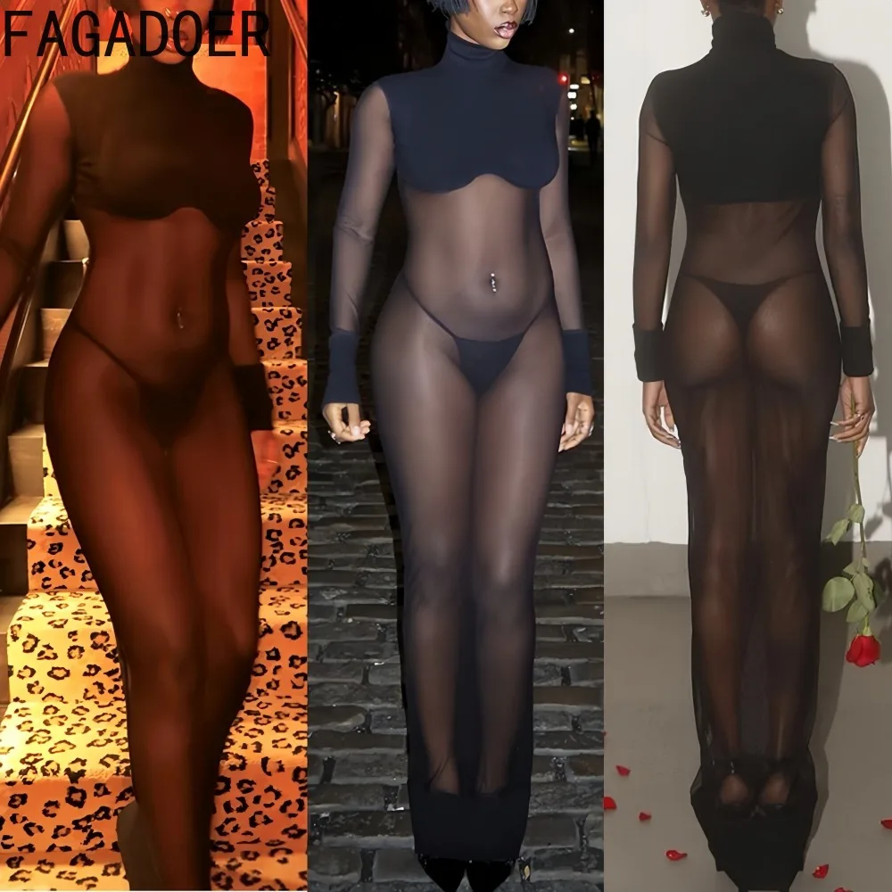 

FAGADOER Sexy Mesh See Through Bodycon Dresses for Woman Solid Color Round Neck Long Sleeves Dress Female Streetwear Vestidos