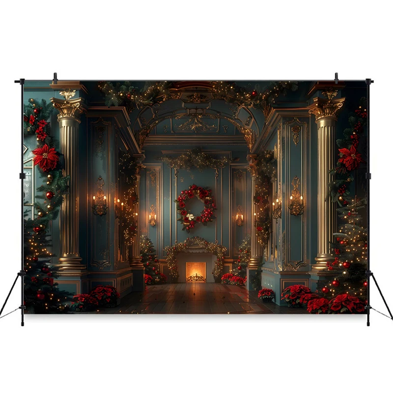 Mocsicka Christmas Palace Backdrop Photography Retro Golden Room Decoration Tree Stand Wedding Background Wallpaper Photobooth