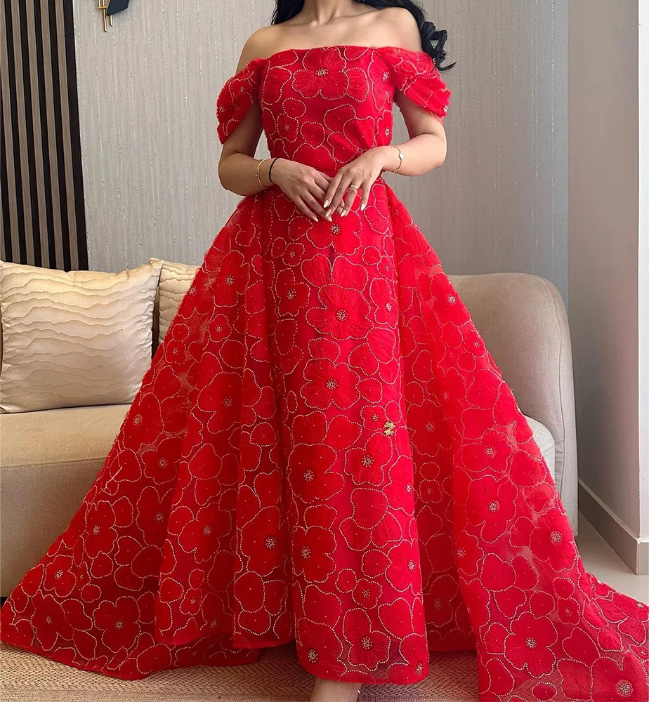 

Customized Exquisite Organza A-Line Off the Shoulder Flowers Sequined Evening Dress High Quality vestidos para mujer