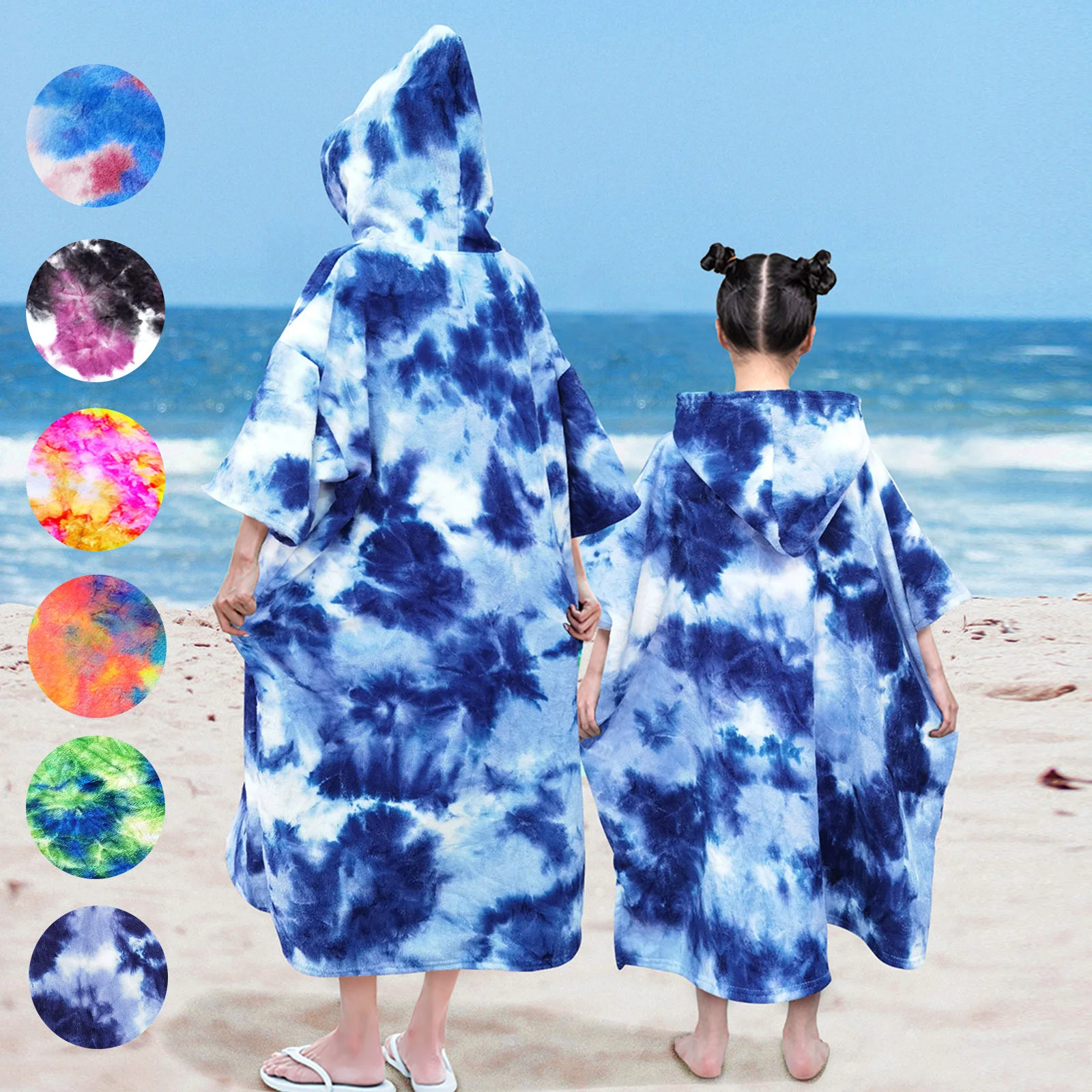 

Tie-Dye Microfiber Beach Towel Quick Dry Hooded Cloak Adult Kids Large Bath Towels Parent-Child Poncho Bathrobe for Swim Surf