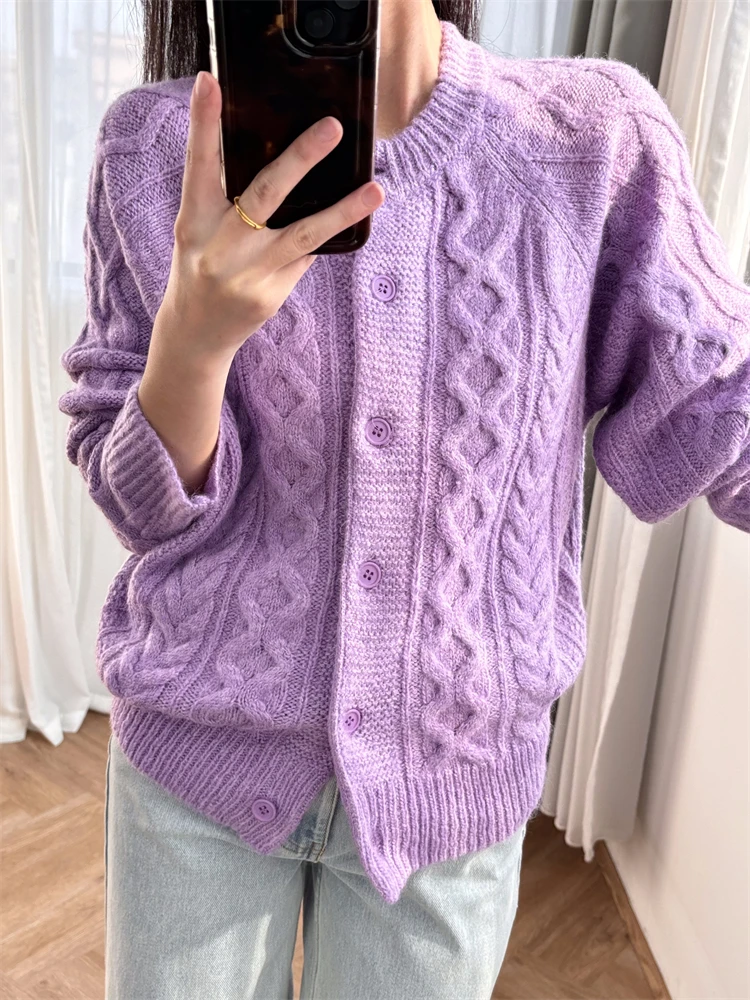 Women's Sweater Romantic Purple Cardigan, Sweet Girl Outfit, O-Neck, Buttons Fastening, High Street, Chic, Fashionable, Design