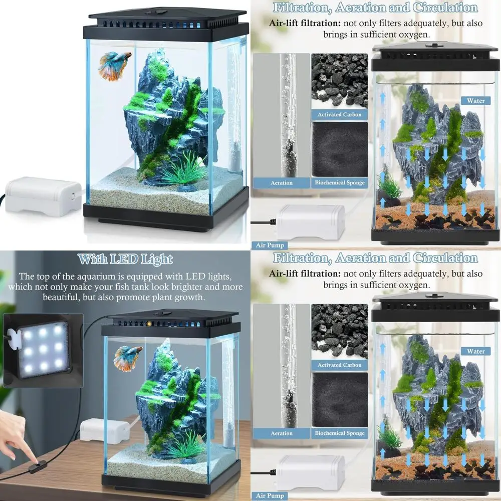 

Small Glass Aquarium, 1 Gallon Desktop Fish Tank, Betta Fish Tank, Mini Aquarium Starter Kit with Air Pump LED Light Decoration