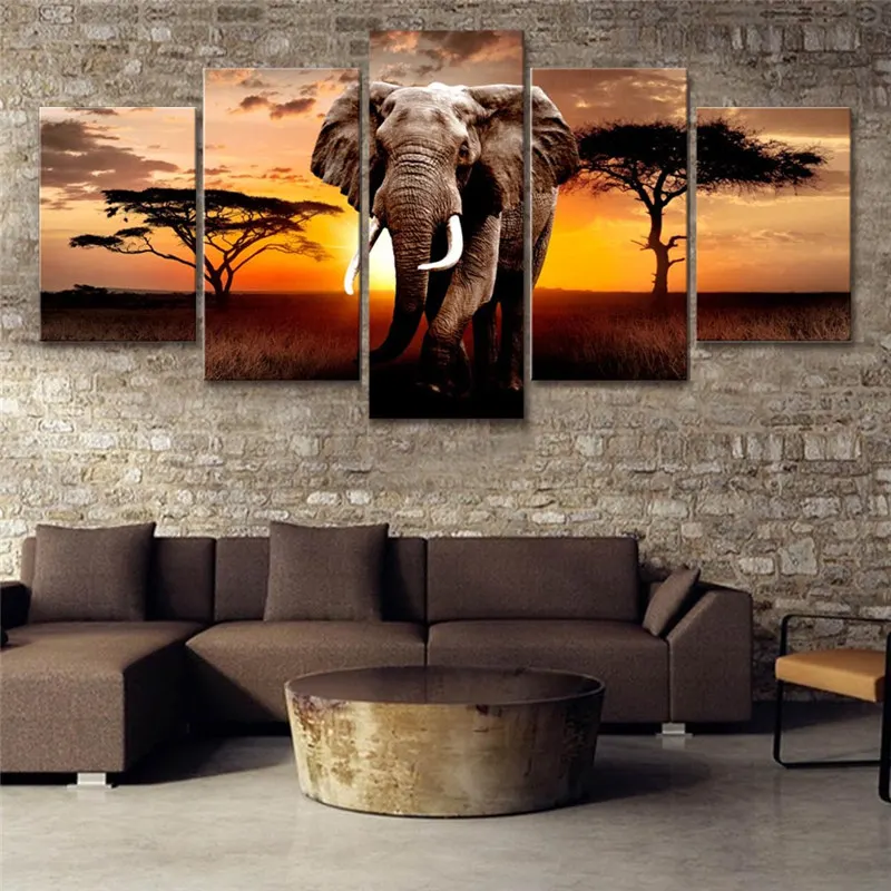 5 pezzi Walking Elephant Sunset Africa prateria scenario Canavs pittura stampe Poster soggiorno Wall Art Cuadros No Frame