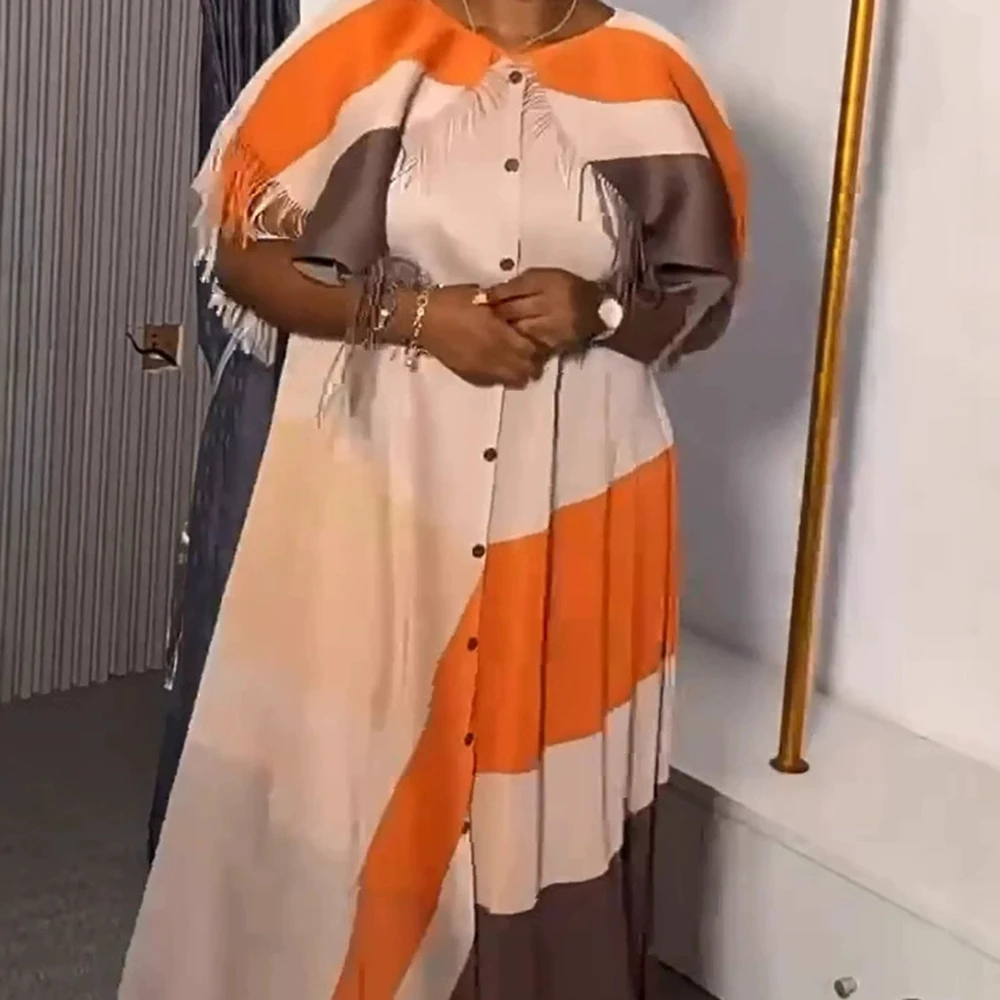 

New plus size dress fashionable tassel lapel short sleeve temperament cardigan women's elegant long skirt-GZXX1028