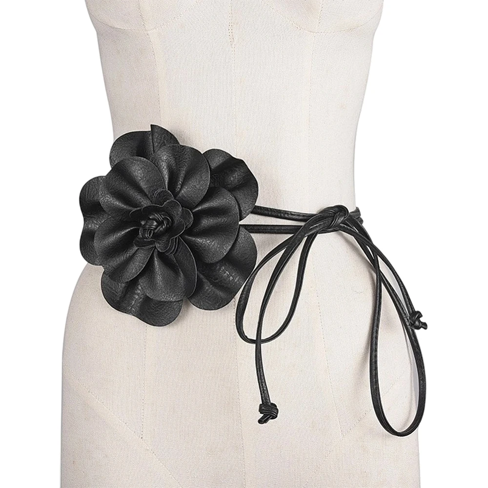 0.3 Inch PU Leather Skinny Waist Belt Black Boho Flower Leather Rope Tassel Waistband Thin Elegantes Big Flower Decor Belts Slim