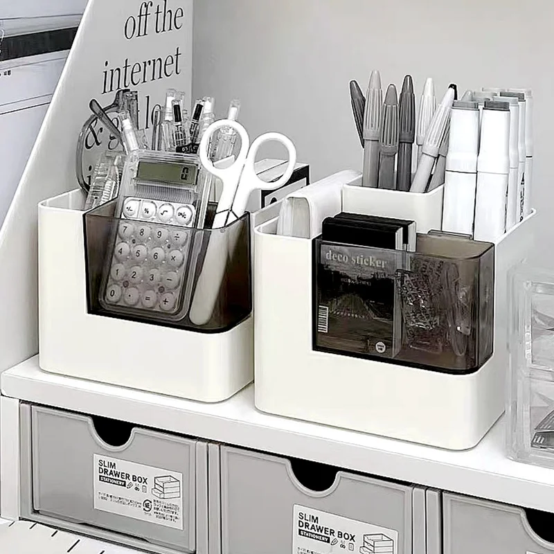 Minimalist Office Desk Pen Holder – Creative Transparent Stationery Organizer with Notepad Slot, Stylish Desktop Storage for Pen