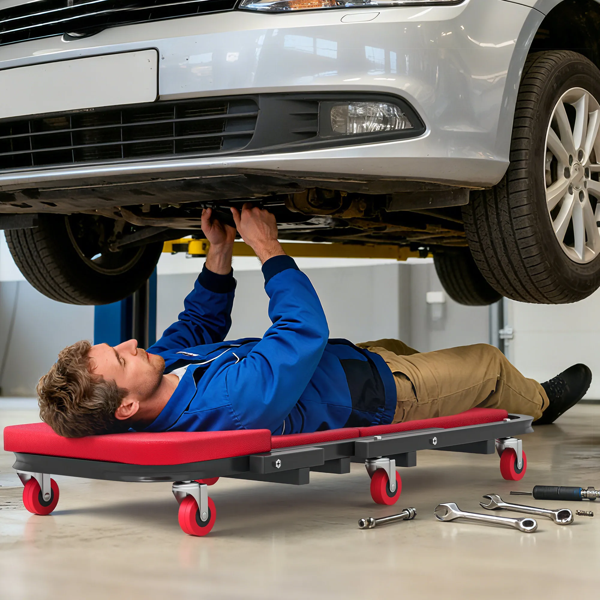 Carrello meccanico pieghevole 2-in-1 Homcom, ideale per ispezioni, assemblaggio di skateboard e come sgabello da officina, portata massima 150 kg, 6 ruote girevoli a 360° ° , Rosso