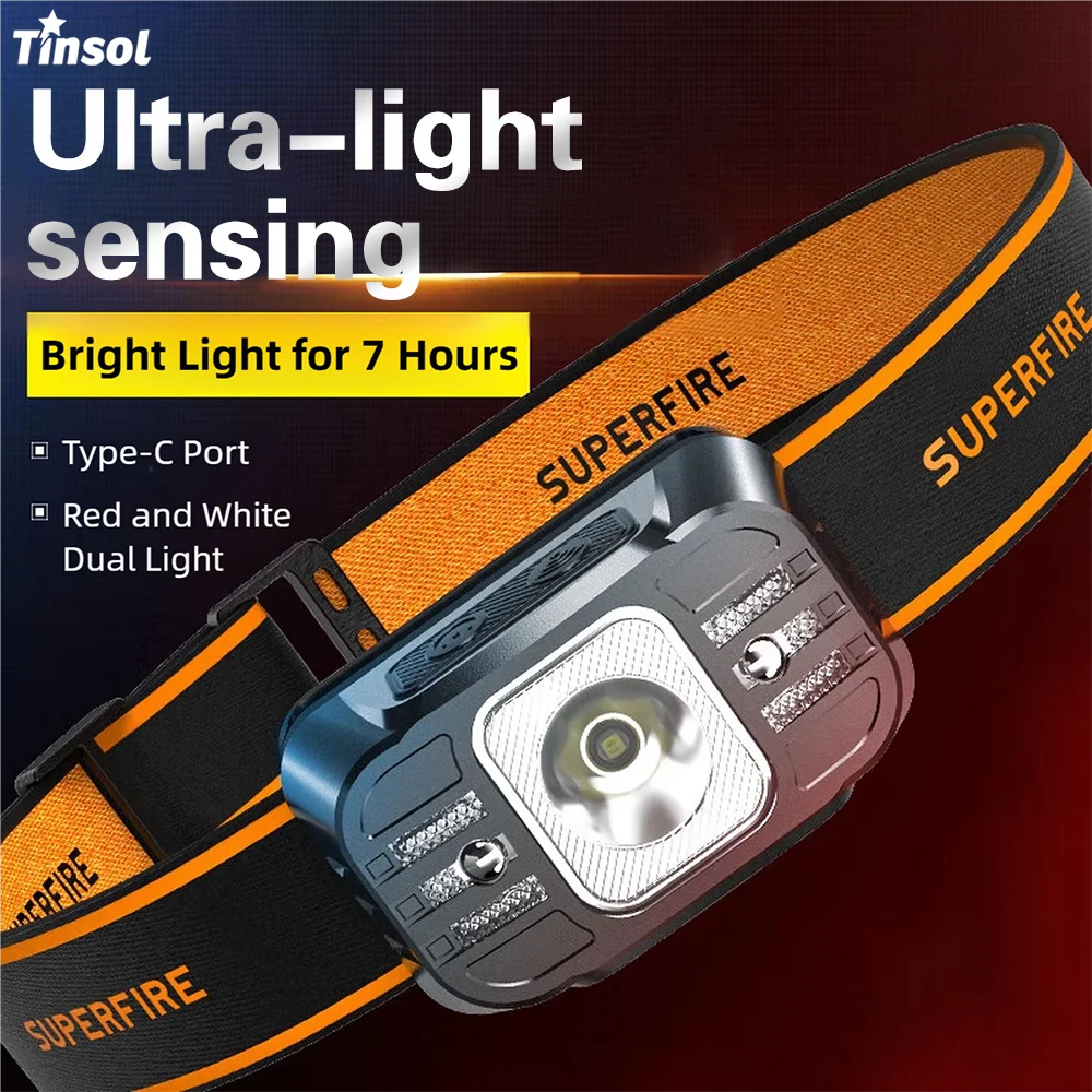 TINSOL Mini Powerful Hiking Camping Headlamp USB C Rechargeable Head Light LED Sensor Headlight Front Head Lamp For Working