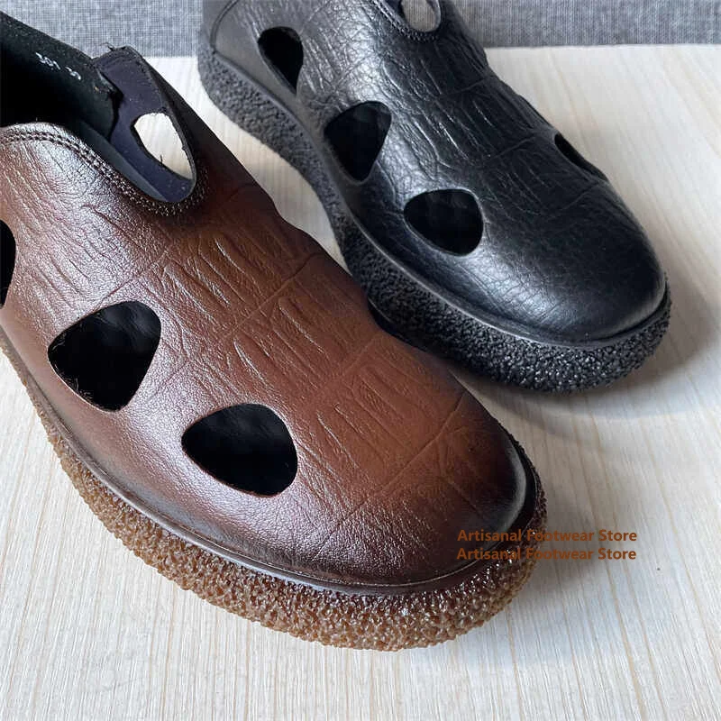 Vintage Brown Croc-Textured Cutout Leather Slip-On Sandals Thick Rubber Sole Outdoor Sandals Breathable Casual Summer Men's Shoe