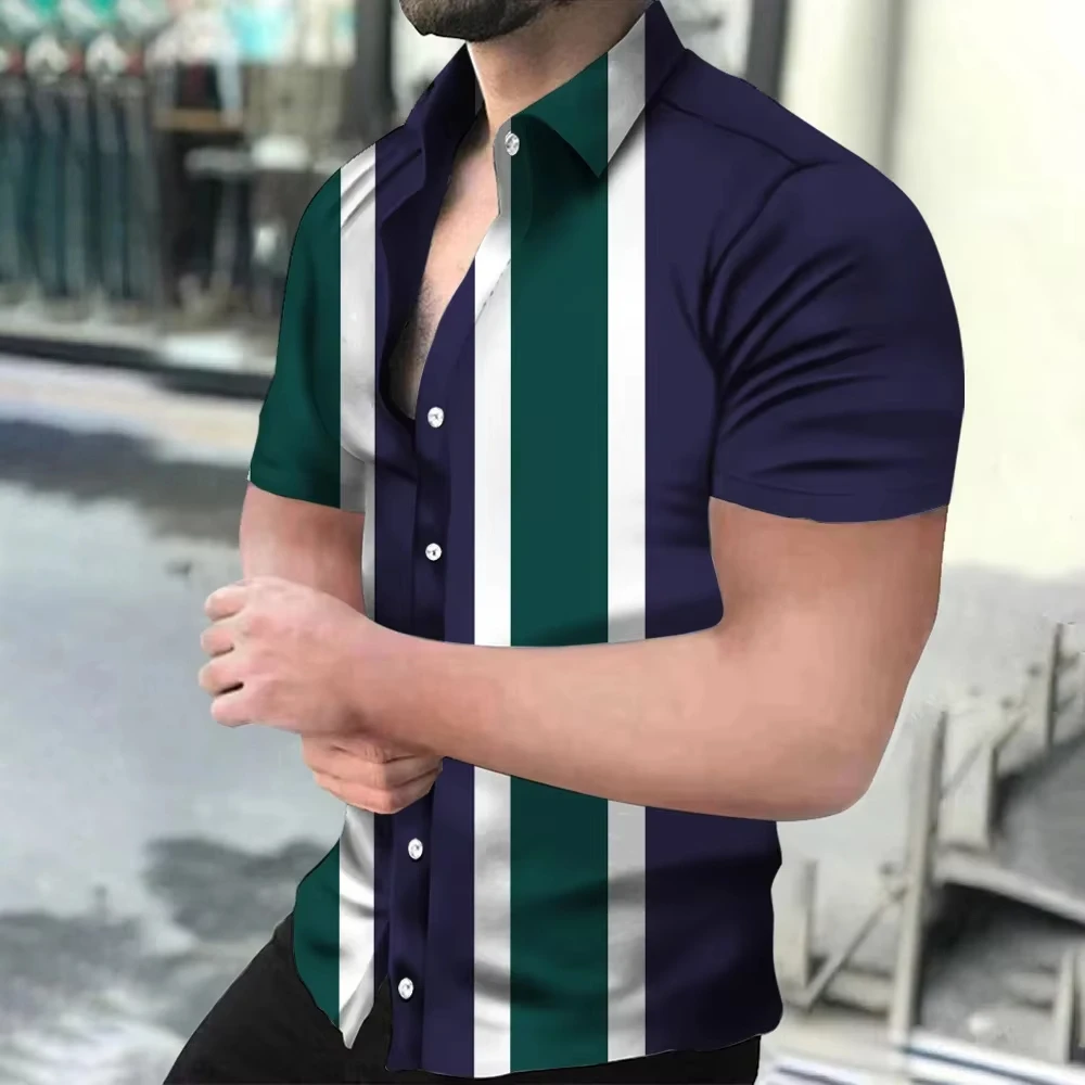 

Полосатые гавайские рубашки для мужчин и женщин, одежда для отдыха, рубашка в геометрическую полоску с 3D принтом, пляжная рубашка с короткими рукавами и лацканами, праздничная