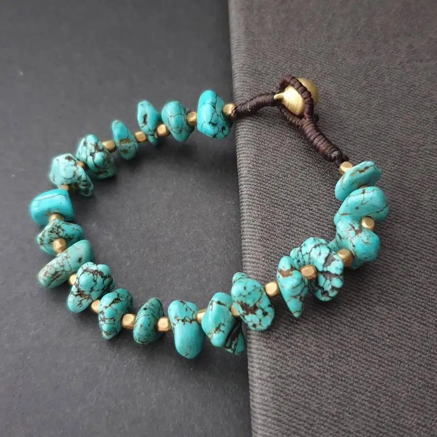 handmade-natural-turquoise-beads-irregular-ore-knit-bracelet-men's-cuff-button-bracelet-ramadan-prayer-bead-bracelet