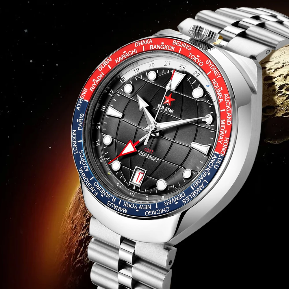 RED STAR Bull Head 42mm Men GMT4 100m Diving Automatic Mechanical Watch 1963 Dual Time Zone Luminous Waterproof Watches