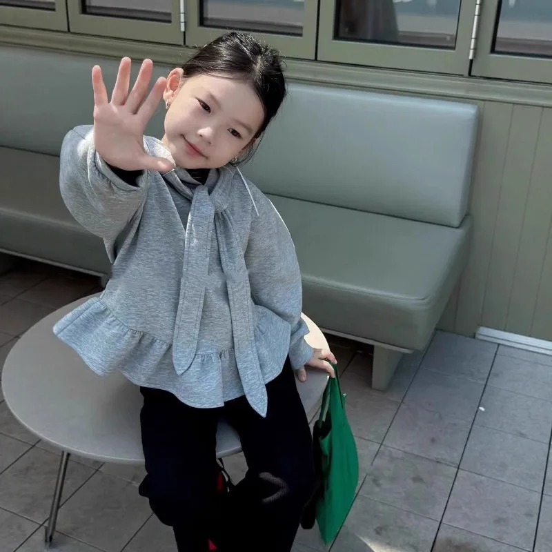

Girls hoodie 2025 Autumn Winter Korean Style Fashion Cute Gray Solid Color Ruffles Long Sleeve Hooded Sweatshirt
