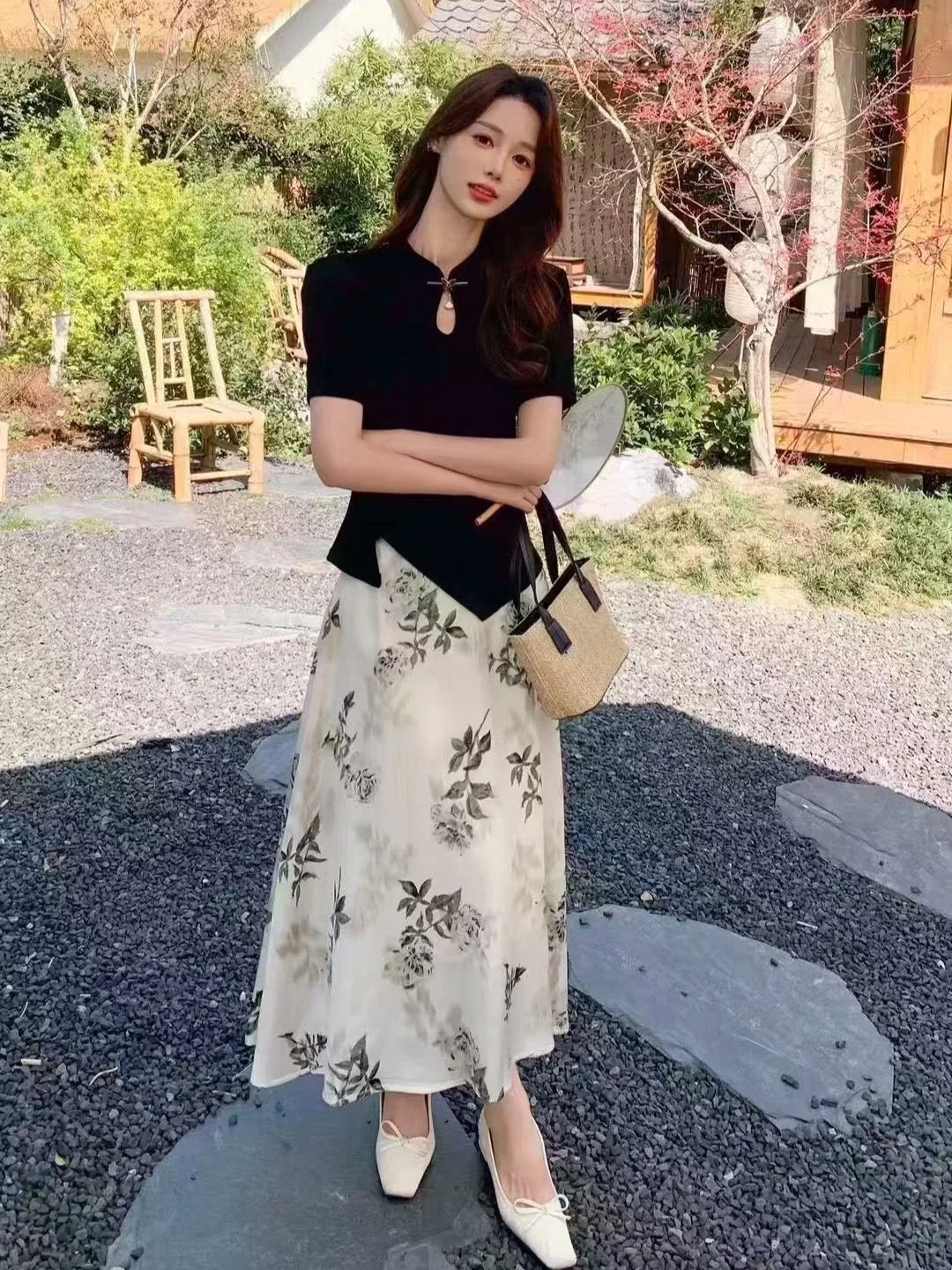 

Black New Chinese Style Satin Print High Waist Slimming Two-Piece Set Summer Fashion Ensemble Women's Short Sleeve T-Shirt