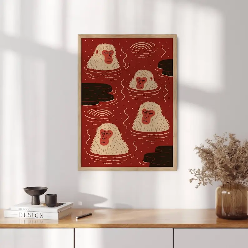 1pc frameless  Japanese Snow Monkey Canvas Wall Art Print Unframed Retro Zen Hot Spring Macaque Wall Art Poster for Living Room