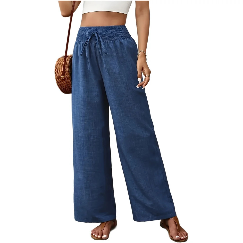 

Women High Waist Straight Linen Look Polyester Trousers Elastic Waist Casual Spring Blue Pants for Daily Commuting