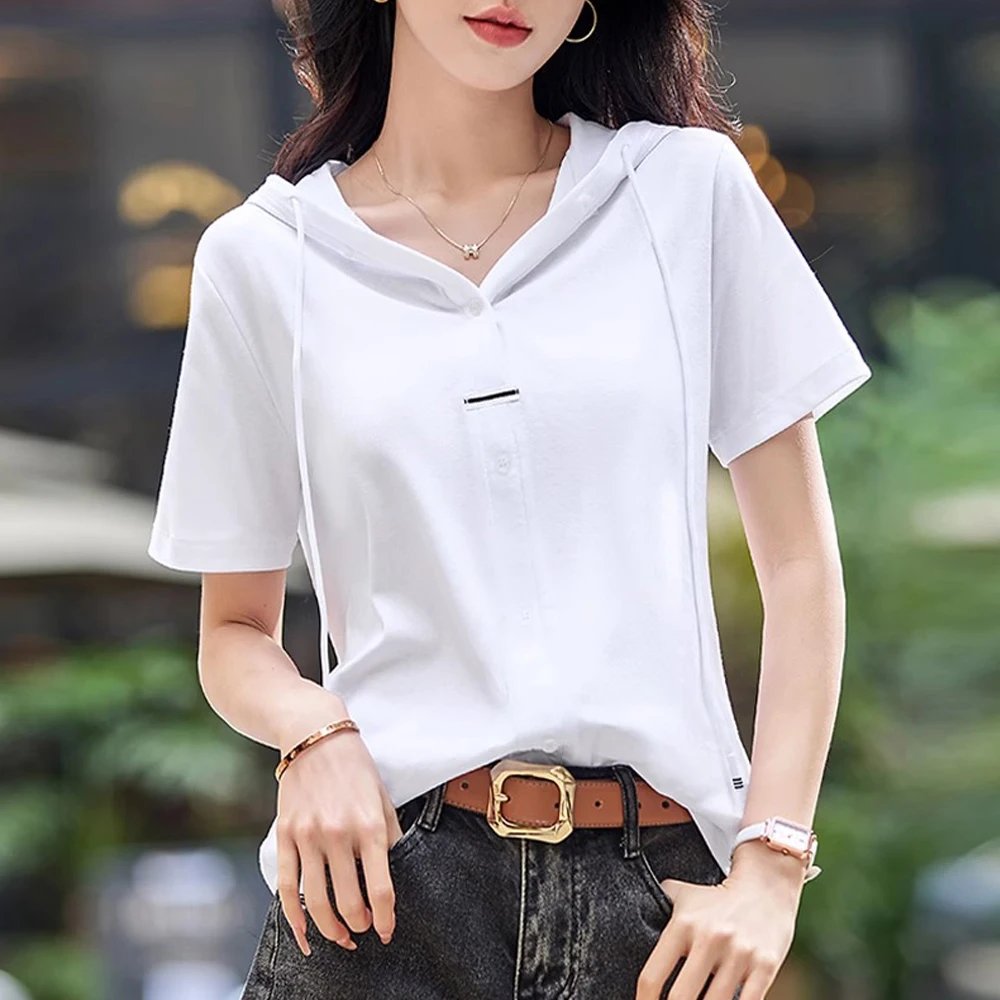 European Station Short sleeved T-shirt Women\'s Summer New Fashion Light Luxury High Quality Loose Large Casual Hooded Top