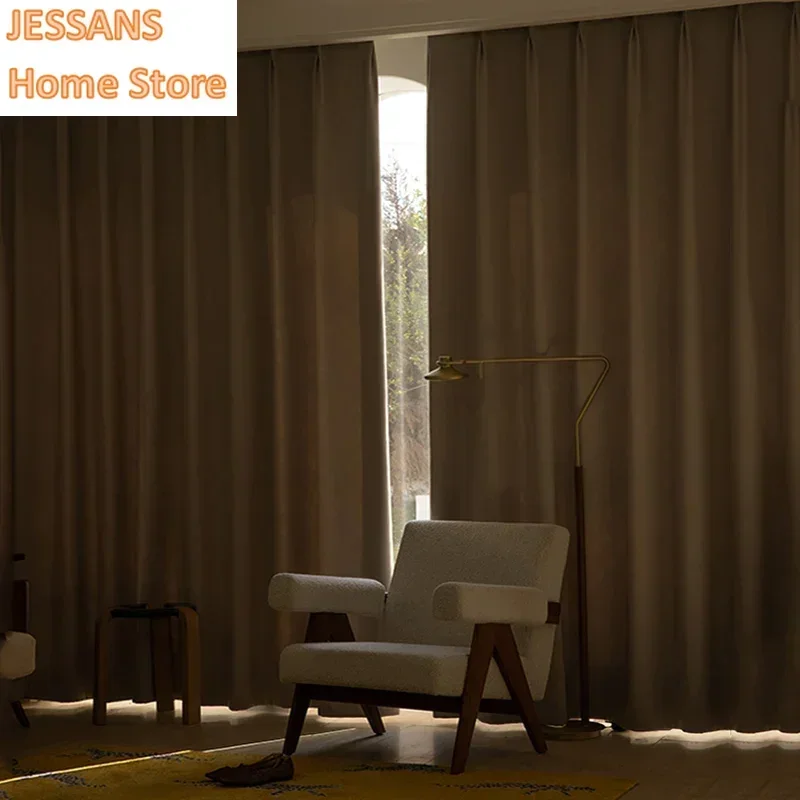 

Milk Tea Chenille Curtains Luxury Thickened Blackout Curtains Living Room Bedchamber Insulation Jacquard Curtain for Office