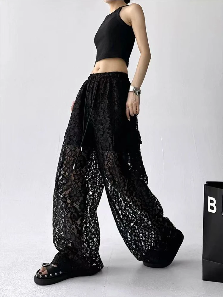 Lace Hollow Black Wide Leg Pants Women Korean Chic Loose Casual Cargo Pants Fashion High Waist All Match Straight Trousers New