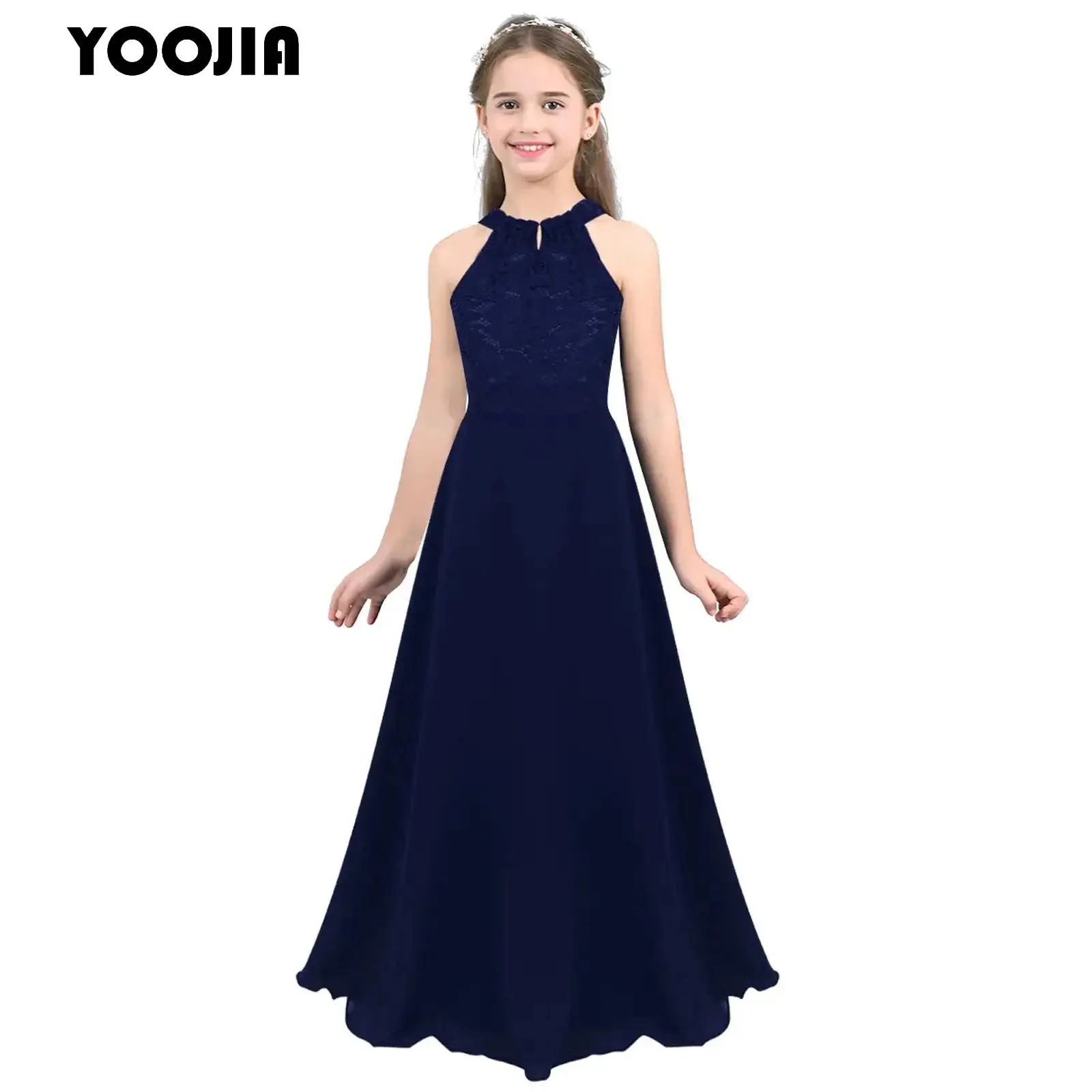 

Elegant Flower Girl Princess Dress Child Girls Halterneck Lace Chiffon Dress for Wedding Bridesmaid Birthday Party Formal Gown