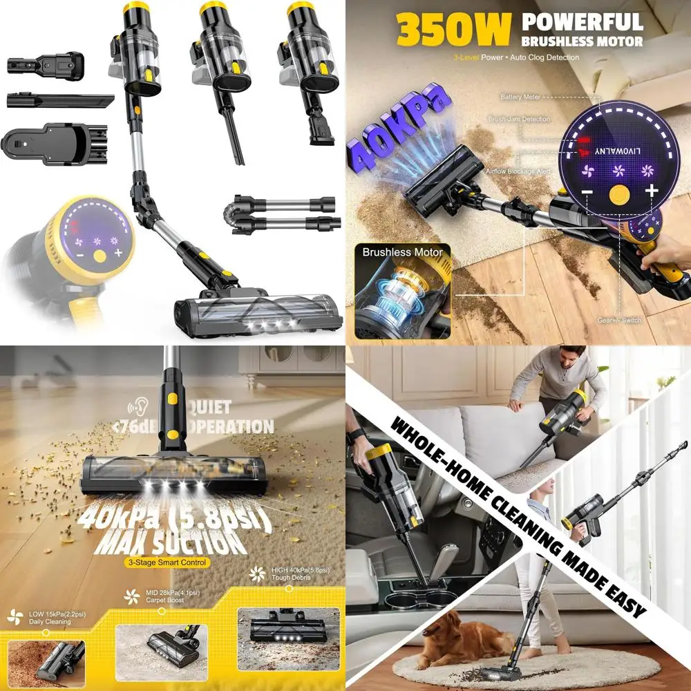 

Беспроводной пылесос, совместимый с аккумулятором 20В, бесщеточный двигатель 350Вт, мощность всасывания 40 кПа, 180 ° Гибкая насадка, двойной контейнер для пыли объемом 0,8 л, светодиодная подсветка пола