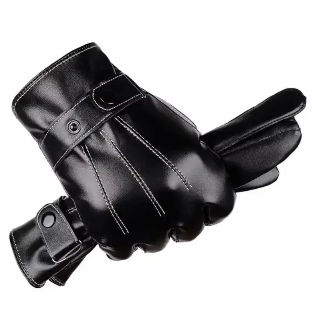 New Mens Winter Black Leather Gloves Fleece Touchscreen Lined Water-Proof for Motorcycle Driving Dress Real Sheepskin Warm