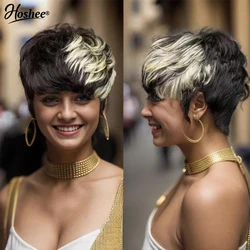 Hoshee-Peluca de cabello humano liso sin pegamento para mujer, pelo corto Remy, corte Pixie, hecho a máquina