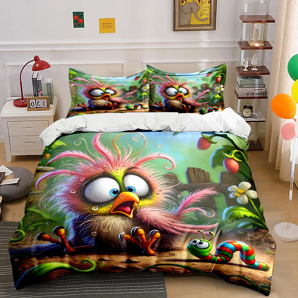 Frightened bird meets caterpillar Print Bedding Set 1 Duvet Cover 2 Pillowcases for Adult and Children Luxury Gift Full Size