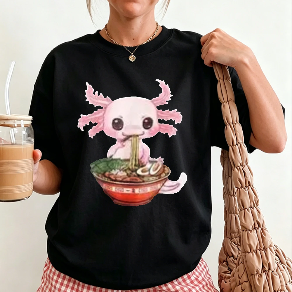 Rosa Axolotl, der Ramen-Nudelschüssel isst, Aquarell-Cartoon-Druck, T-Shirt aus Baumwolle, Kawaii, Salamander, Essensliebhaber, Cottagecore, süße Oberteile