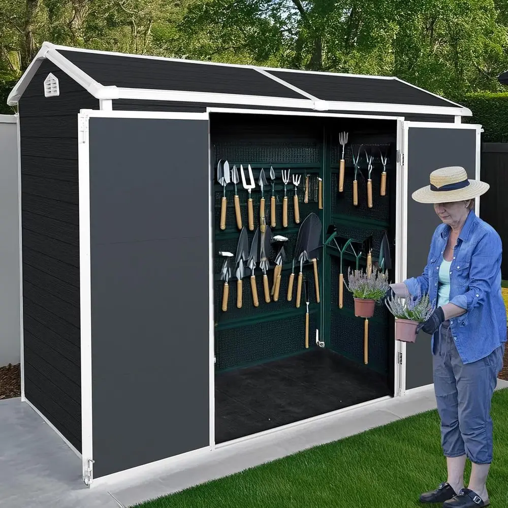 

8x4ft Outdoor Plastic Storage Shed with Floor, Double Locks, Windows, and Steel Reinforcement for Lawn Mowers and Garden Tools