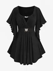ROSEGAL Plus Size Chain Panel Butterfly Sleeve Surplice Top With Belt Women Keyhole Neck T-shirts 2026 Summer Fashion Soild Tees