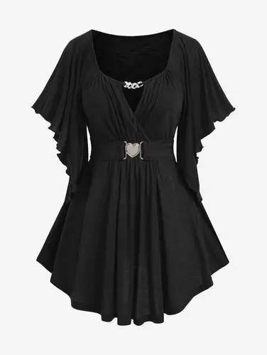 ROSEGAL, camiseta de talla grande con Panel de cadena y manga de mariposa, Top con cinturón, camisetas con cuello de cerradura para mujer, camisetas sólidas de moda de verano 2025