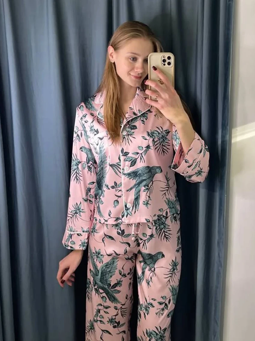 

Marthaqiqi Printing Female Pajamas Suit Long Sleeve Sleepwear Sexy Turn-Down Collar Nightgowns Pants Casual Women Nightwear Sets