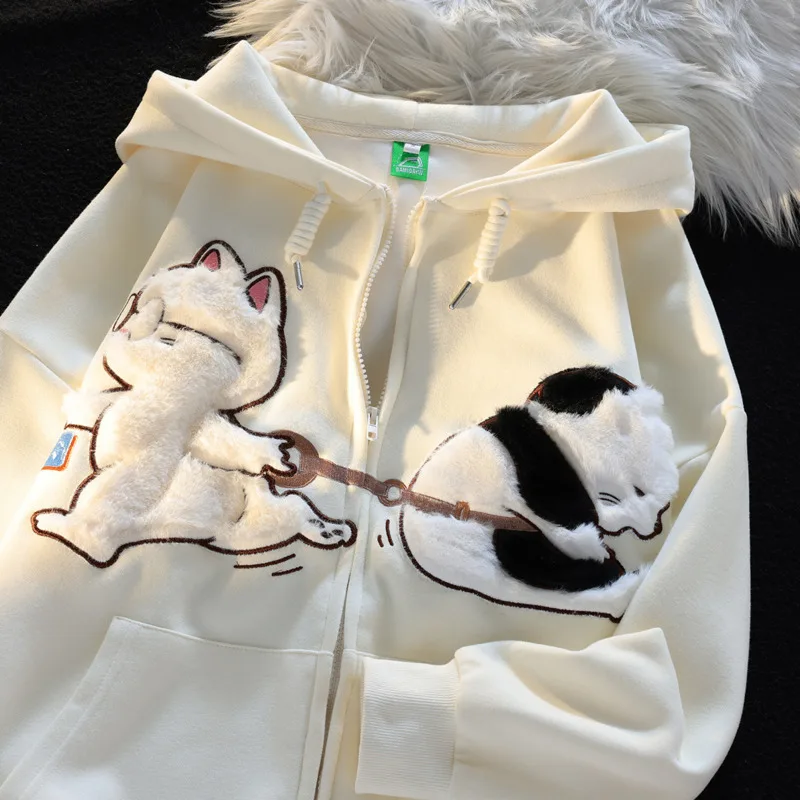 Animal Embroidery Zip Up Hoodie Fashion High Street Hip Hop Flocking Hoodies Women Cute Clothing Teens Loose Hooded Sweatshirt