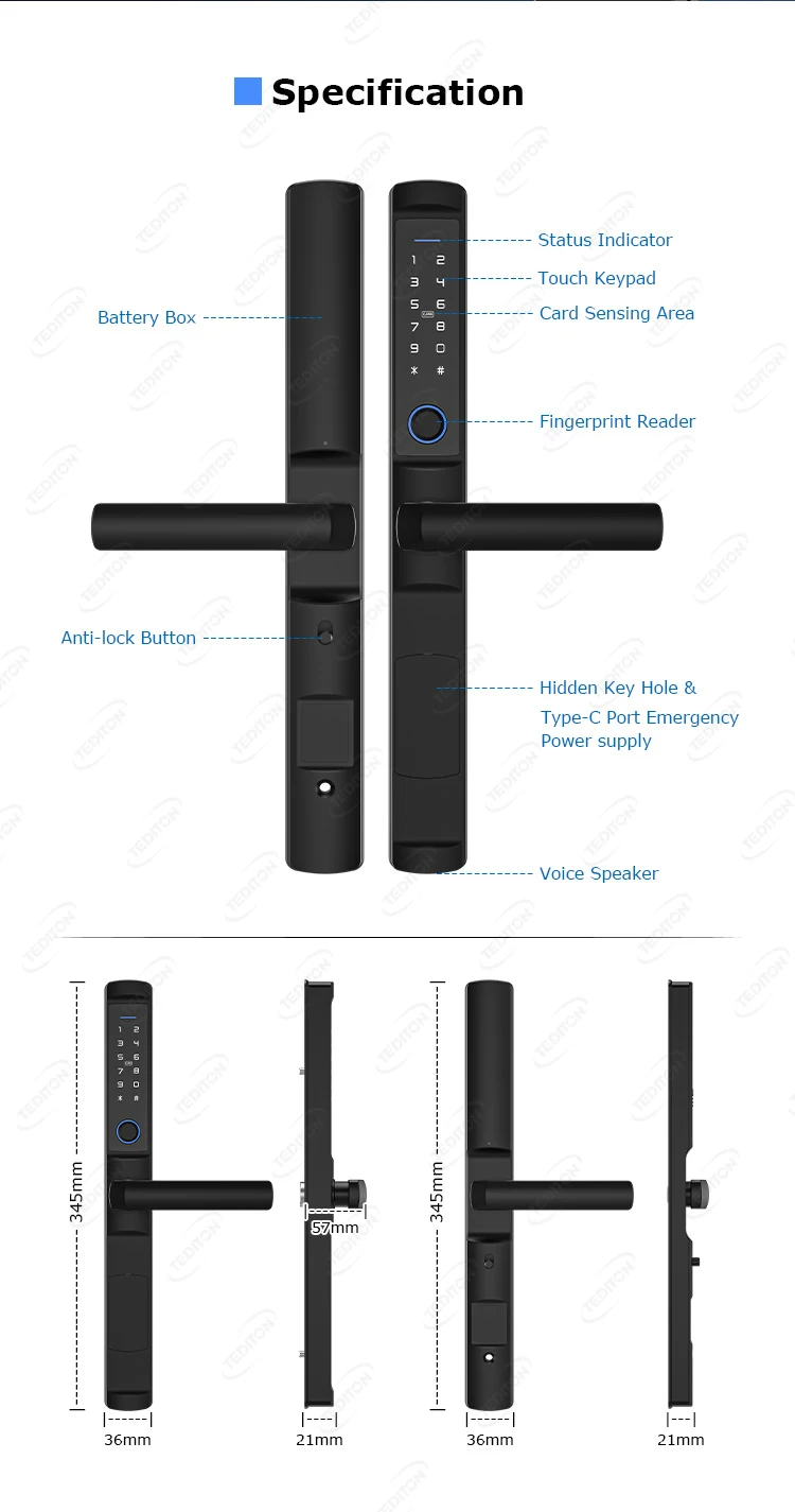 Tediton-puerta de madera de vidrio zigbee, biométrica, huella dactilar, impermeable, exterior, Europeo, aluminio, cerradura inteligente, wi-fi